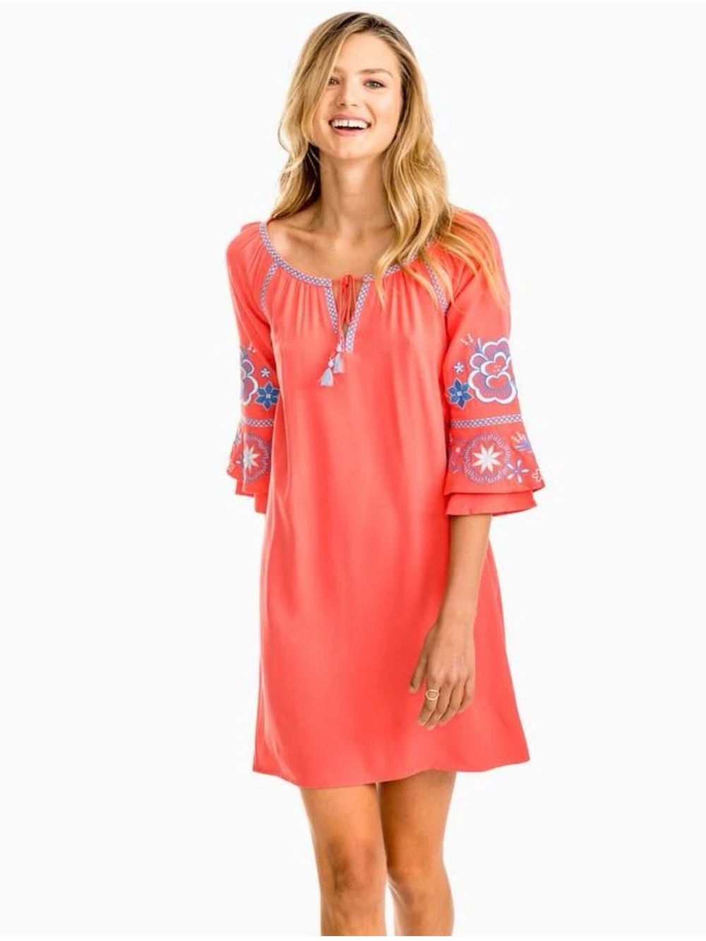 Southern Tide Coral Tunic with Blue Floral Embroidery